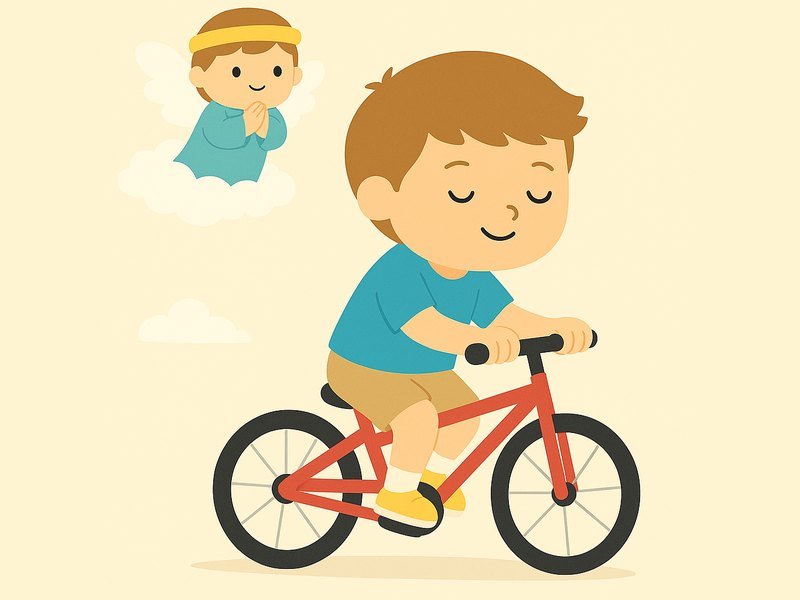 Un niño en bicicleta con Custodi cuidándole desde una nube